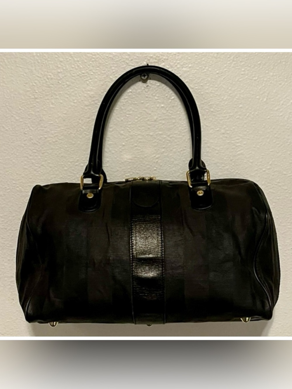 FENDI Vintage Pequin Stripe Black Boston Bag Leather & Coated Canvas VTG